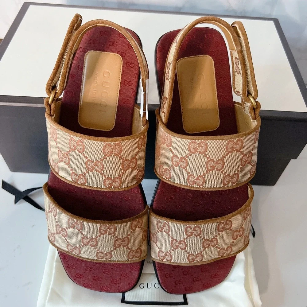 Gucci GG LOGO Monogram Wide Strap Sandal Brown/ Beige Canvas Mens UK 7.5 US 8